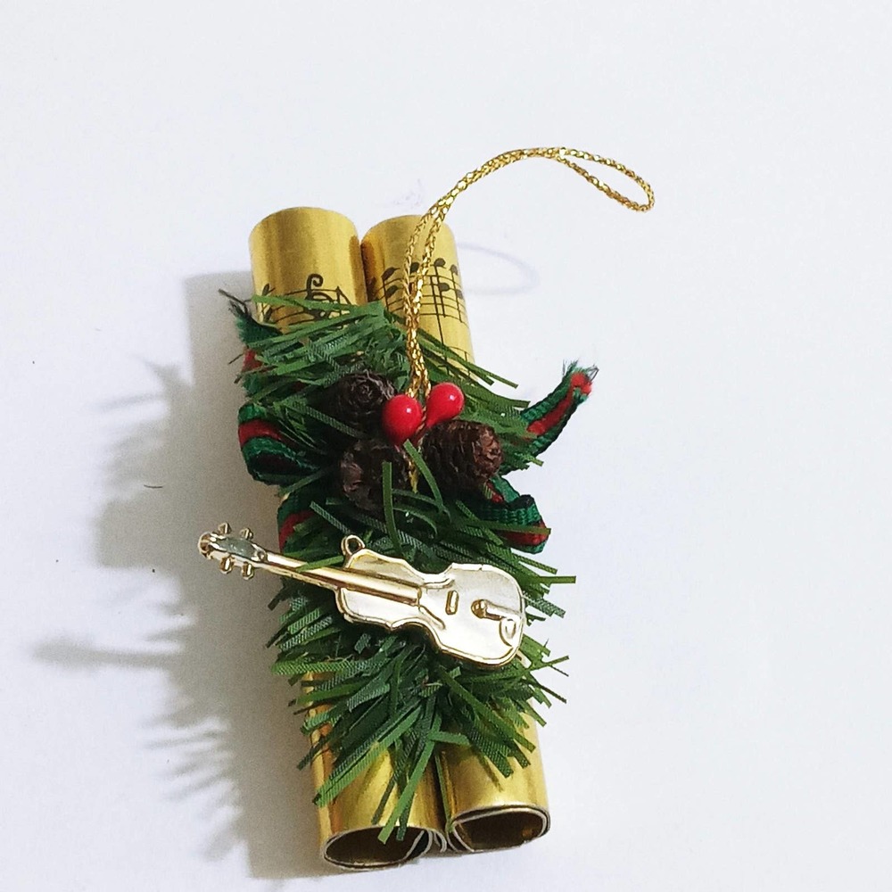 Vtg Christmas Music Sheet & Violin Ornament Ferns Holiday Musical Decoration (z)